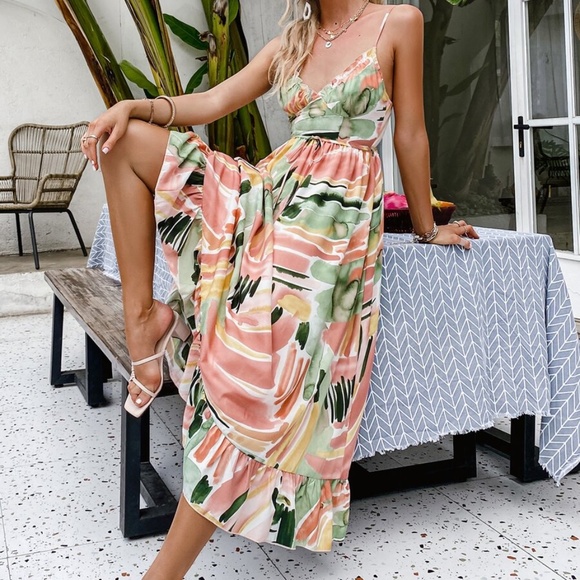 Boho Floral Print Ruffle Cami Midi Dress Pink Gree - Picture 4 of 7